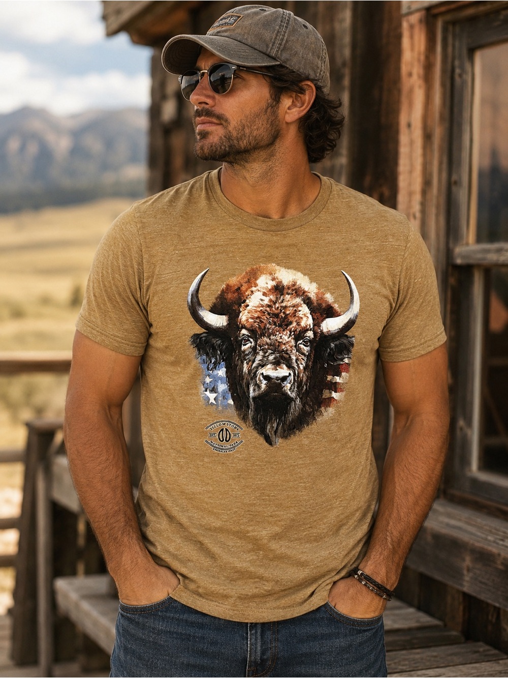 Prairie Mountain Yellowstone National Park Buffalo American Flag Tan T-Shirt